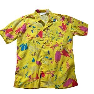 Vintage Repage Yellow Abstract Memphis Print Short Sleeve Button Down Shirt Mens
